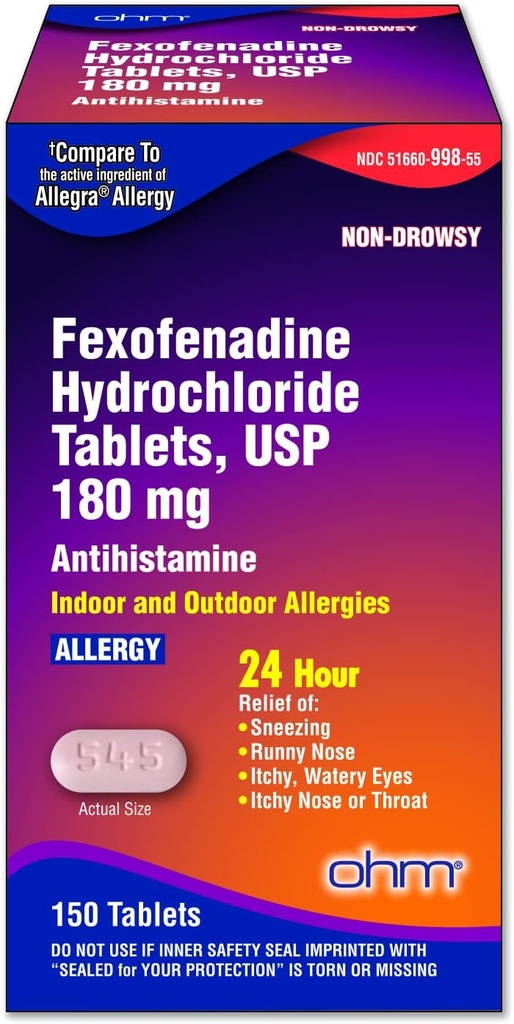 Ohm Allergy Medicine Fexofenadine 180mg - 24 Hour Relief for Sneezing and Alergy Sympories, Non-Drowsy - 24- Hour Antihistamin Tablet Efektif - 150 Count (Paket Tunggal)