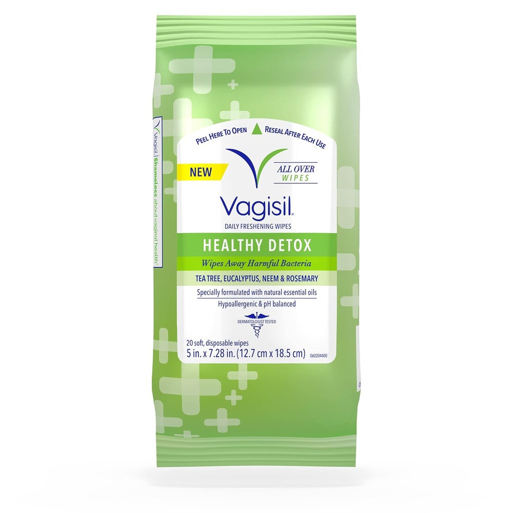 Vagisil Wipes for All Over Cleaning, Health Detox, Formulated with Estile Oils, 20 Wipes in a Re- Sealable Pock (Pack of 1)