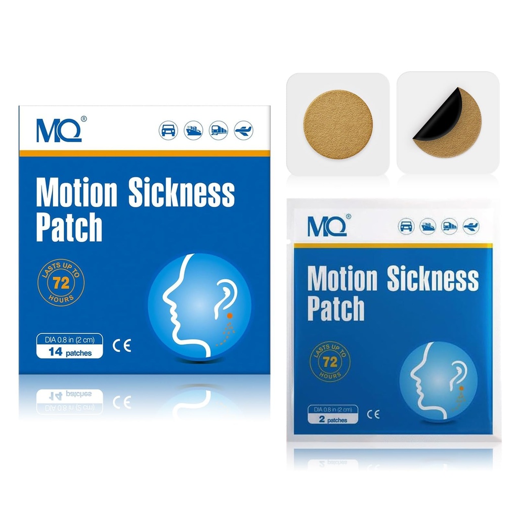 MQ 14ct Motion Sickness Patches Non Drowsy, Sea Sickness Patch for Cruise Travel Essentials, Waterproof Patch Behind Ear for Car Airplane Ality Sickness, Long Last 72H