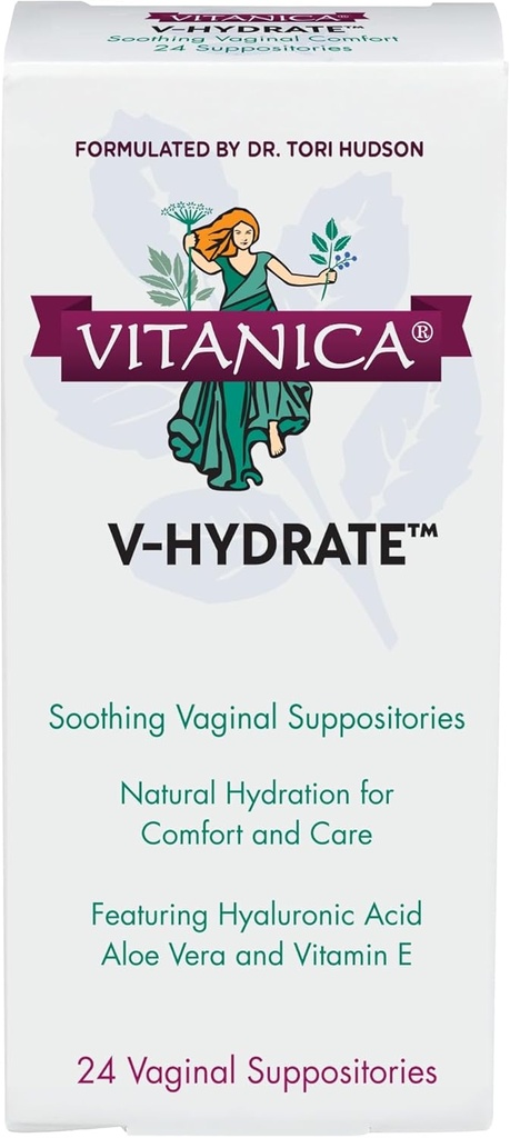Vitanica V- Hydrate, Hyaluronic Acid Vaginal Suplotories untuk Comfort dan Vaginal Hidration dengan Aloe Vera dan Vitamin E, Hormone- Free & Drug-Free, Vegan, 2 Bulan Suppply, 24 Count