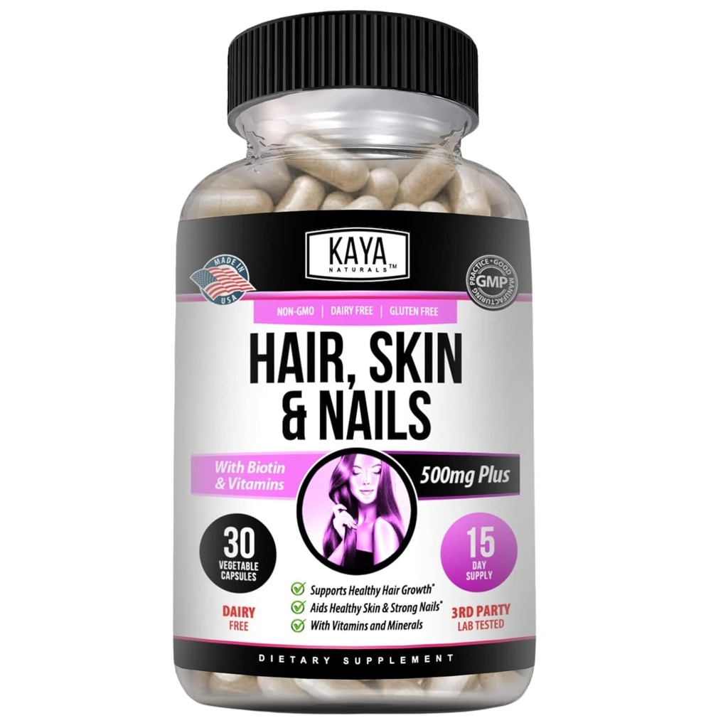 Kaya Surals Rambut Skin Nail Capsules dengan Biotin- Rambut dan Skin Vitamin, Vitamin D Vitamin B-12 A Acid Folic, Pendukung Rambut Persediaan Vitamin untuk Rambut Skin Nails- 30 Count Capsules