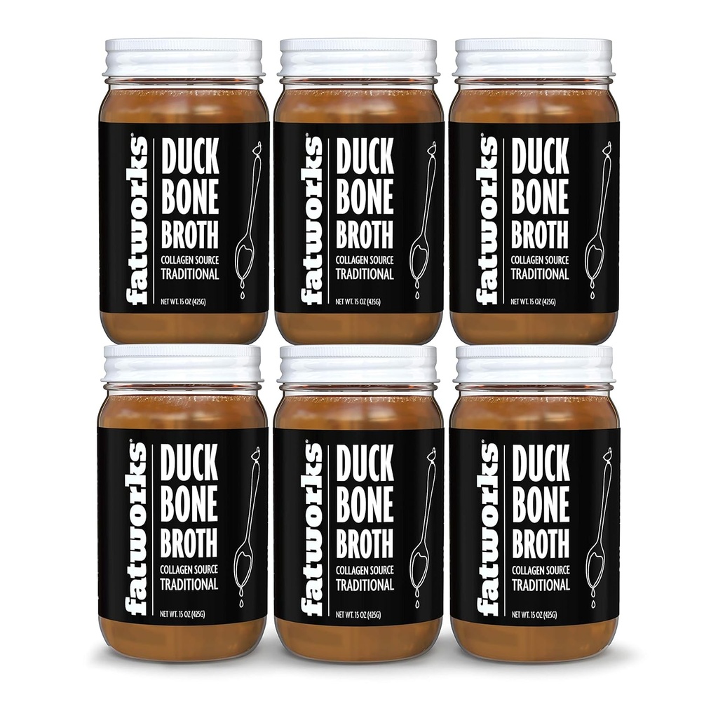Fatworks Gourmet Cage- Free Duck Bone Broth, Tradisional Flavor, Keto, Paleo, Collagen Rich, Preservative Free, 6 pack of 15 oz. JARS