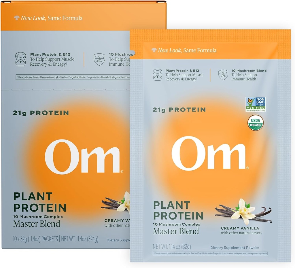 Om Master Blend Vegan Protein Powder, Vanilla, 21g of Plant Protein.