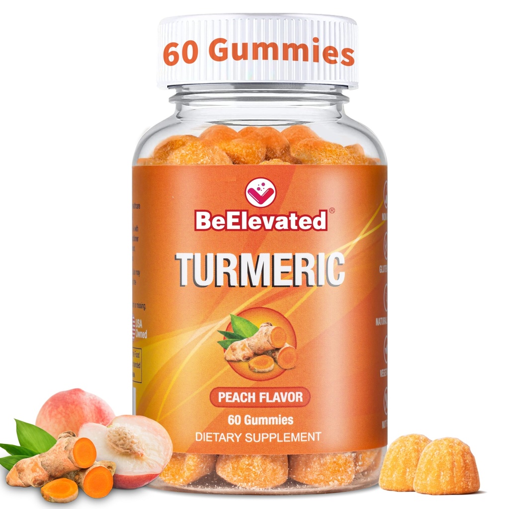 Curcumin Turmeric Gummies - Ekstra Kekuatan 2000mg 8: 1 Ekstrak Turmerik Gummies dengan Black Pepper & Ginger - Vegan Non- GMO Bersama-sama Mendukung Chewables - Peach Flavor, 60 Count