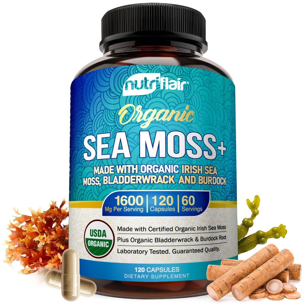 NutriFlair Organic Sea Moss 1600mg, 120 Capsules Plus Bladderwrack & Burdock - Prebiotic Super Food - Imune System & Digetical Health - Thyroid, Healthy Skin, Keto Detox, Gut