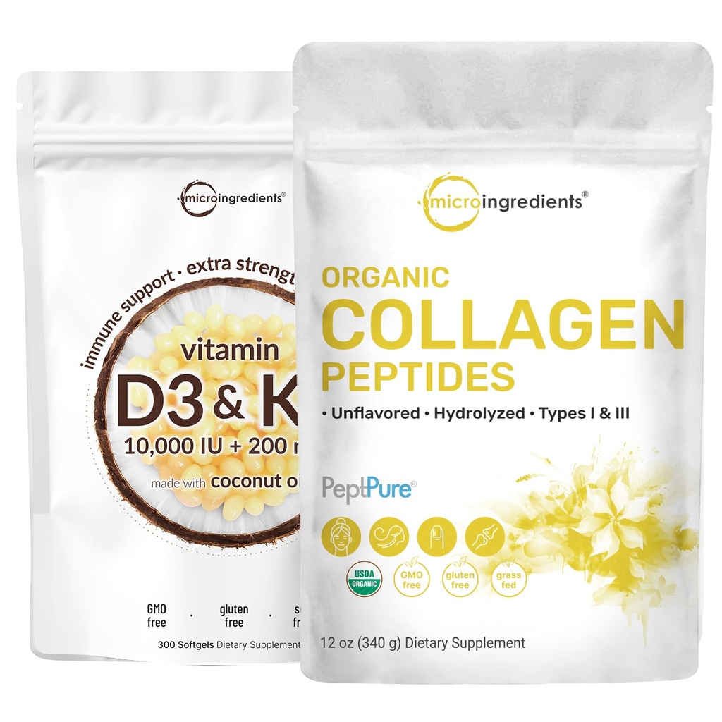 Mikro Ingrediens Vitamin D3 10.000 iu + K2 200 mcg Coconut Oil Softgels & Organic Collagen Peptides Powder Bundle 2 Pack 124; Estile Sunshine Vitamin 124; Hydrolyzed Tipe I & III Bovine Collagen