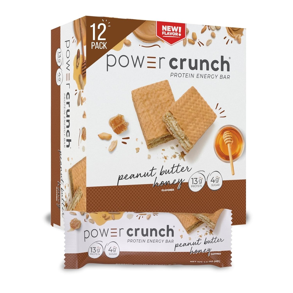 Power Crunch Protein Waper Bars, Snack Protein Tinggi dengan Rasa Lezat, Peanut Butter Honey, 1.4 Ounce (12 Count)