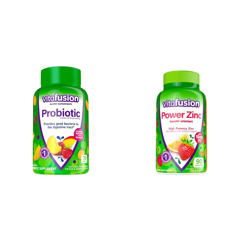 Vitamin Probiotic Gummy Suplemen, Raspberry, Peach dan Mango Flavors, 35 Day Supply, 70 Count Power Zinc Gummy Vitamin, Strawberry Tangerine, 90 Count