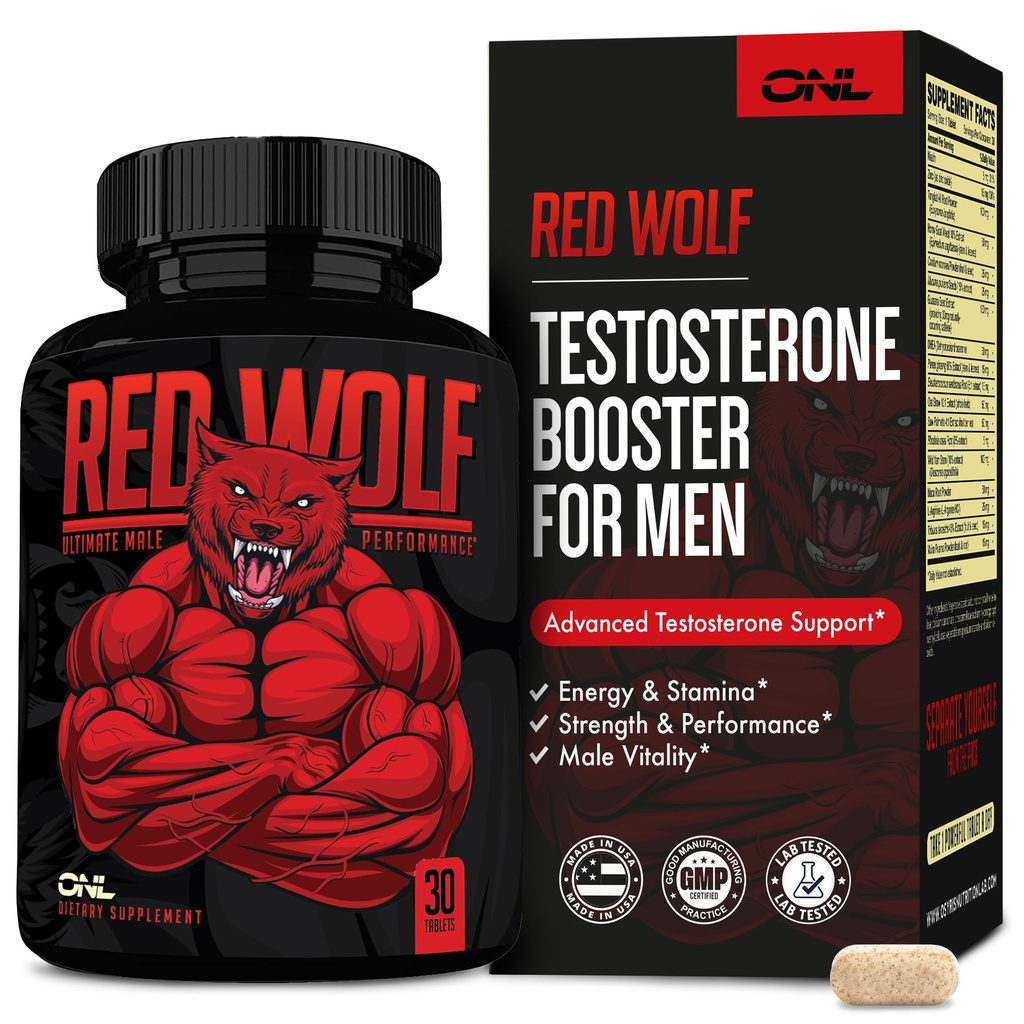ONL Serigala Merah Testosteron Booster untuk Pria - Suplemen Pria Ultimate untuk Daya Potensi Tinggi, Energi & Kekuatan - Testosteron Tambahan untuk Pria - w / Tongkat Ali Enhancement - 30 Ct