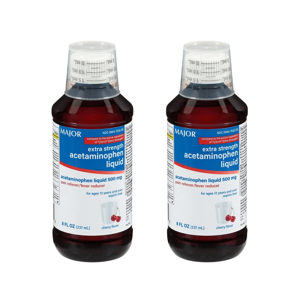 MAJOR Dewasa Ekstra Kekuatan Cair Acetaminopren 500mg - Membantu Relieve Pain dan Mengurangi Fever - Aspirin Free - Cherry Flavor - 8 Fl Oz (2 Pack)
