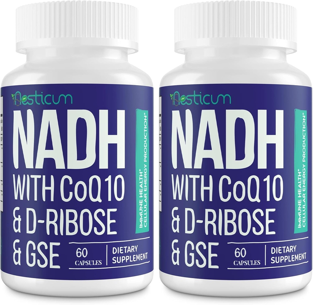 NADH 50mg + CoQ10 200mg + D- Ribose 150mg Supplemen, Boosting NAD + Suplemen untuk Sistem Imune, Energi Seluler, Fokus, Mengurangi Nicotinamide Adenine Dinucleotide, 120 Veggie Capsules