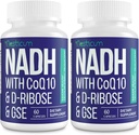 NADH 50mg + CoQ10 200mg + D- Ribose 150mg Supplemen, Boosting NAD + Suplemen untuk Sistem Imune, Energi Seluler, Fokus, Mengurangi Nicotinamide Adenine Dinucleotide, 120 Veggie Capsules