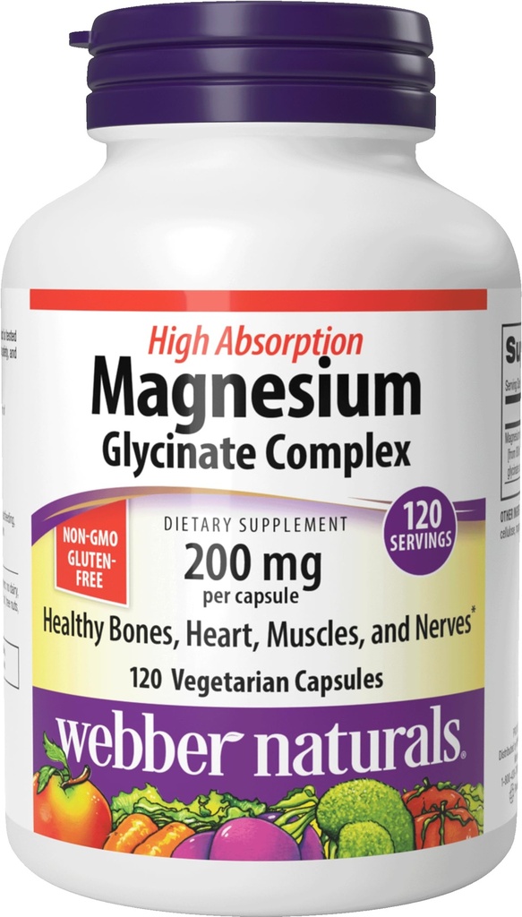 Webber Magnesium Glycinate Kompleks 200 mg, 120 Vegetarian Capsules, High Absorpsi Formula, Support Bones, Heart, Muscles & Nerves, One-Perday, Vegan, New Label!