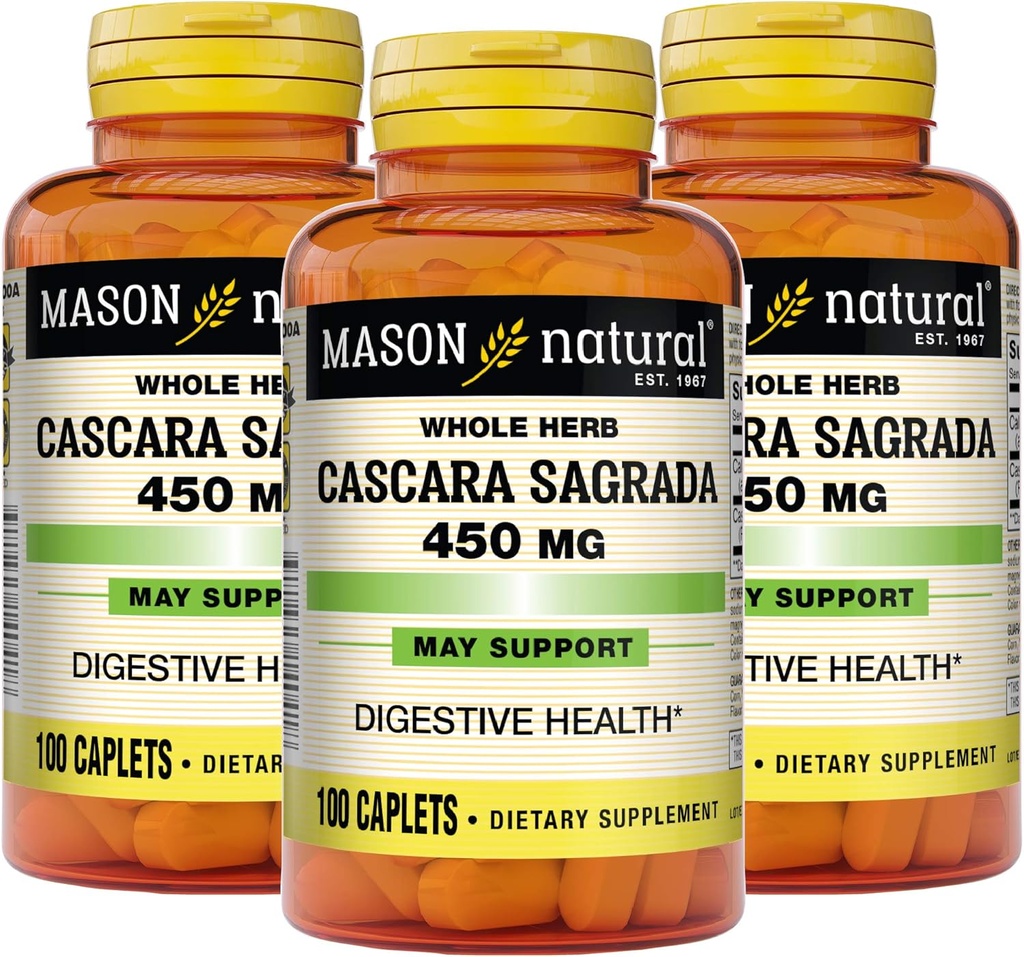 Mason Natural Cascara Sagrada 450 mg, Herbal Supplement for Normal Digetical Fungsi Dukungan, 100 Caplets (Paket 3)