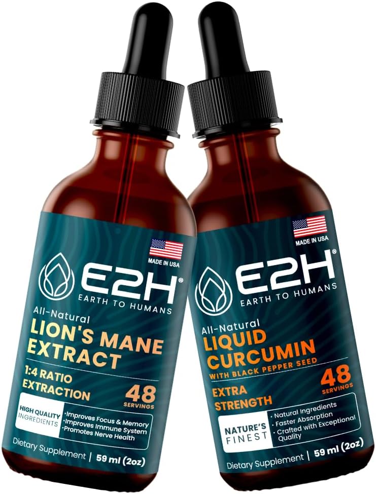 E2H: Singa Mane for Mental Clarity & Imunity, Liquid Turmeric for Joint Duck 124; Vegan, Non-GMO - 2 Fl Oz Setiap orang (4 Fl Oz Total) - Bundle