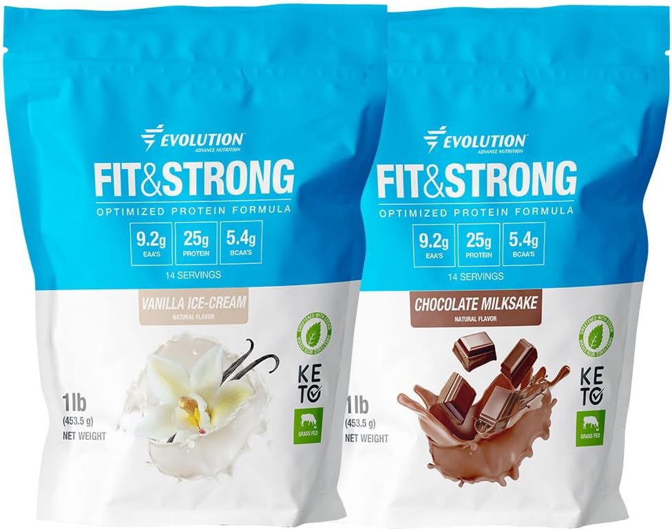 Evolusi Advanition Nutition Fit & Strite - Pure Whey Protein Powder with BCAA, Natural Flavor - 2 Pounds (Vanilla) + Fit & Strong- Pure Whey Protein Pounder dengan BCAA - 2 Pounds (Chocolate)
