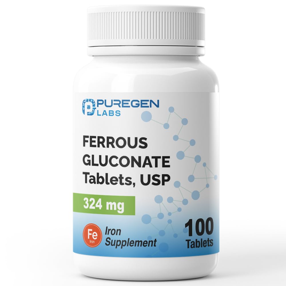 Lab Puregen Ferrous Gluconate 324 mg [Potensi Tinggi] Tambahan Besi, Lembut pada Perut - 100 tablet