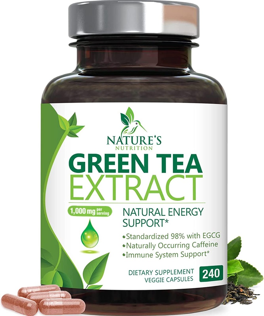 Green Tea Extract Capsules 1000mg 98% Standardized EGG - 3X Strength for Natural Energy - Heart Support with Polyphenol - Gentle Caffeine - 240 Capsules