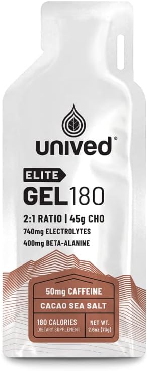 Unived Elite Gel 180-2: 1 Rasio of Simple & Complex Carbs with Beta Alanine Electrolites - for Endurance Athletes Runners & Cycists -180kcal - Cocoa Sea Salt - 50mg Caffeine - Paket 6