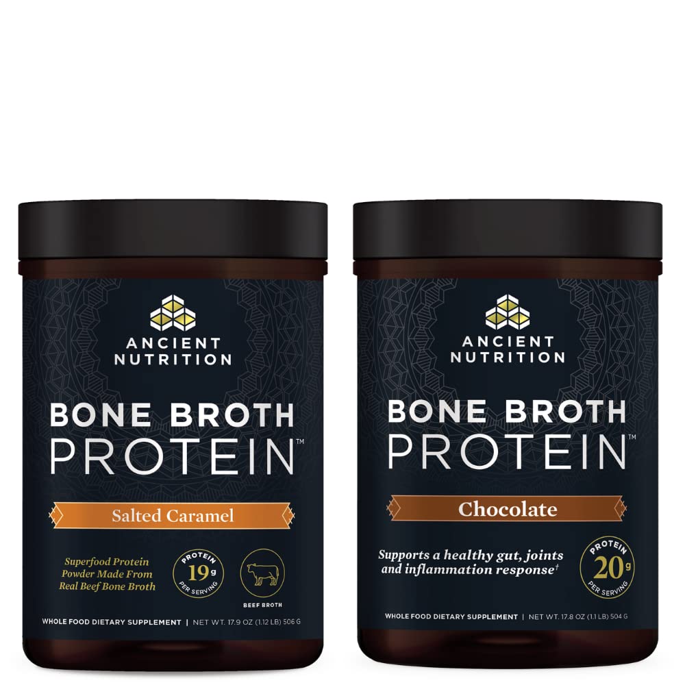 Bubuk Protein Bone Broth Kuno, Salted Caramel, 20 Pelayan + Bone Broth Protein Powder, Coklat, 20 Hamba