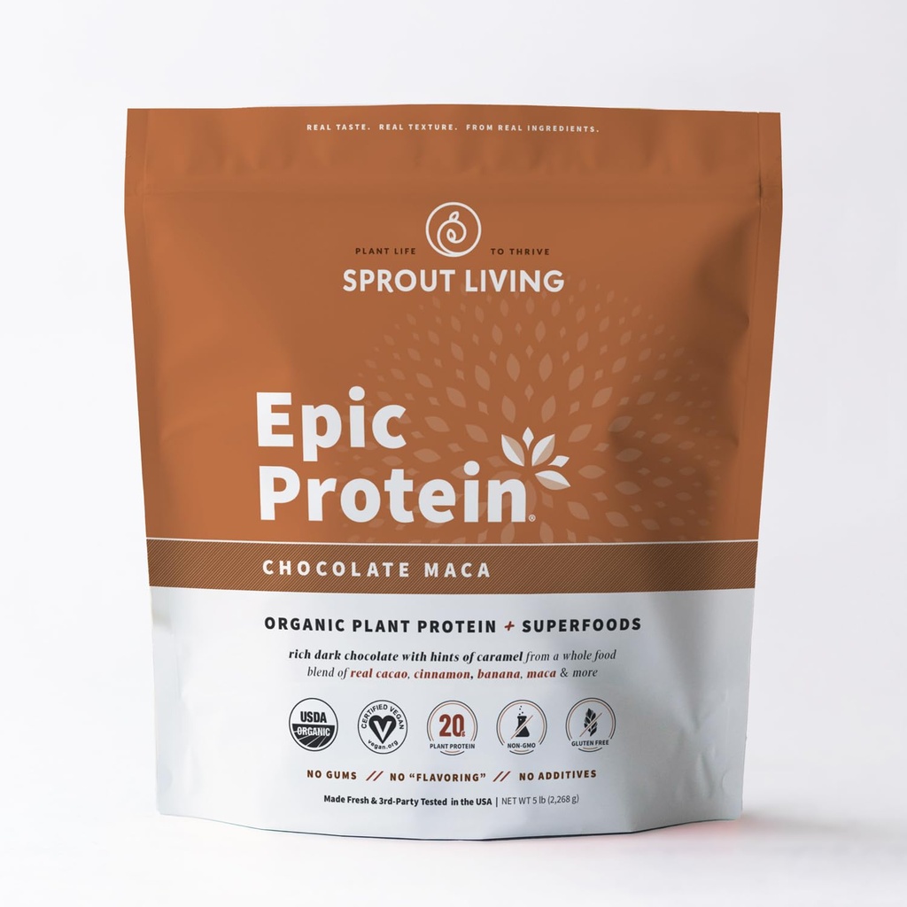 Sprout Living Epic Protein, Tanaman berbasis Protein & SuperFoods Powder, Chocolate Maca Powder 124; 20 Grams Amoranic Powder, Vegan, Non Dairy, Non- GMO, Gluten Free, Low Sugar (5 Pound, 60 Servings)