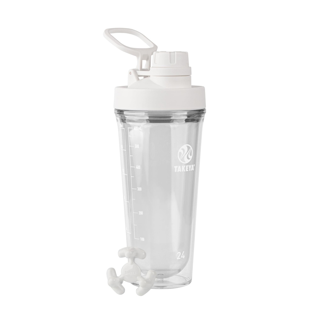Takeya Protein Shaker - BPA-Free Plastic Shaker Bottle dengan Leak- Providence Spout Lid - Easy Carry Shaker untuk Gym & More - Dishwaser Aman Dapat digunakan ulang dengan Spout Lid - 24 oz, Cloud White