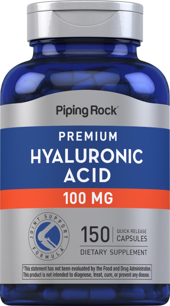 Piping Rock Hyaluronic Acid Supplement: 124; 100 mg 124; 150 Capsules 12.4; sebagai Sodium Hyaluronate: 124; Non-GMO, Gluten Free