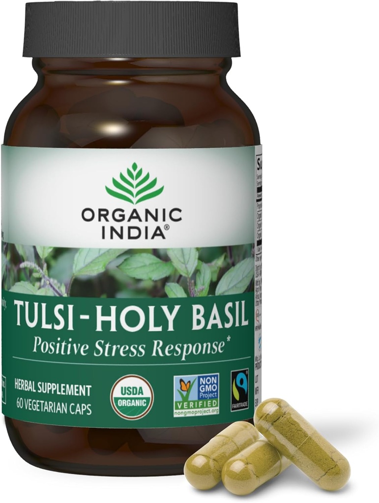 ORGANIC INDIA Tulsi Holy Basil Capsules - Holy Basil Extract - Holy Basil Leaf Suplement, Herbal Supplemen, Imune Dukungan, Stress Relief, Vegan, Gluten- Free, Kosher, Organik, Non-GMO - 60 Capsules