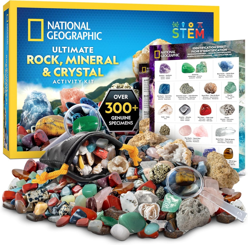 National Geographic Rock Collection Box for Kids - 300 + Piece Gemstones and Crystles Set Includes Geodes and Real Crystales, Rocks and Minerals Kit for Kids, A Geology Gift for Boys and Girls