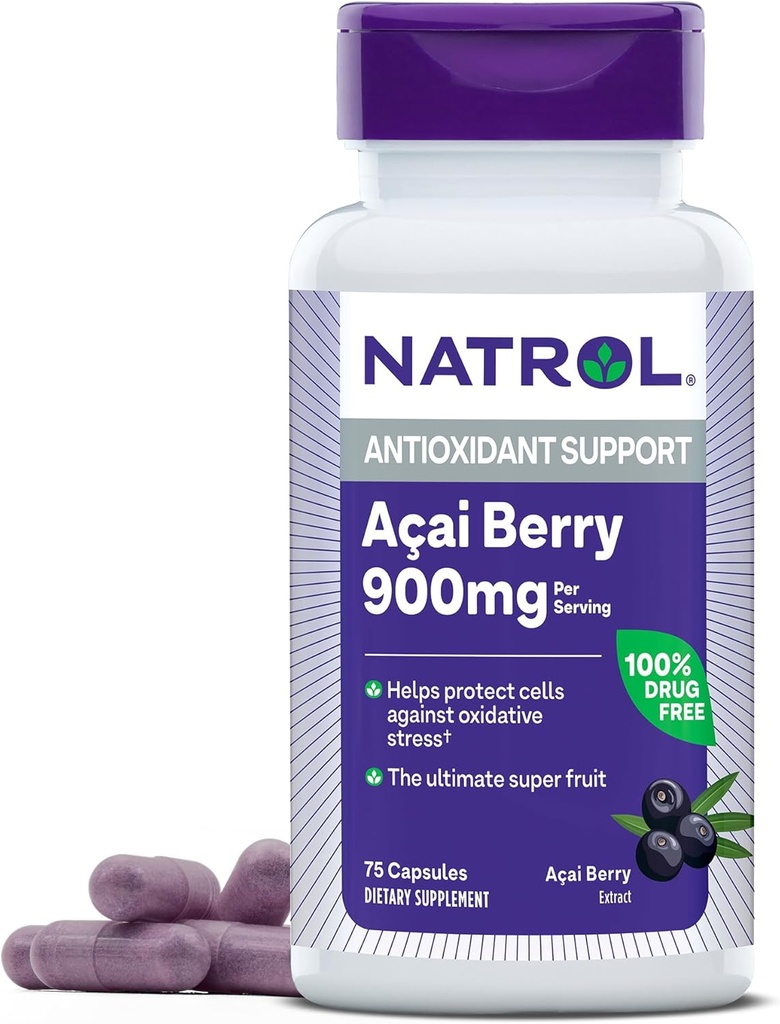 Natrol Acai Berry 900 mg per Serving, Tambahan Dietary untuk Dukungan Antioksidant, 75 Capsules, 37 Hari Supply