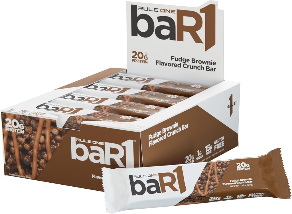 Peraturan 1 baR1 Crunch Bar-On- TheGo Konvenient Protein Snack Bars dengan 20g Premium Protein, disumpal dengan EAA / BCAAs, Hunger- Filling Fiber (12 Count Box, Fudge Brownie)