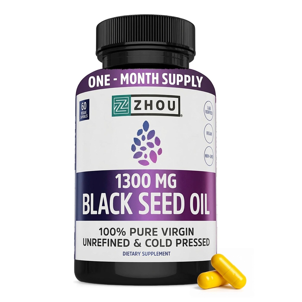 ZHOU Black Seed Oil Capsules - Black Cumin Seed Oil Cold Press, Nigella Sativa, Pure Unfure Blackseed, Premium Suplemen Kesehatan, Rambut & Skin w / Thymoquinone - 60 Capsules (Paket 1)