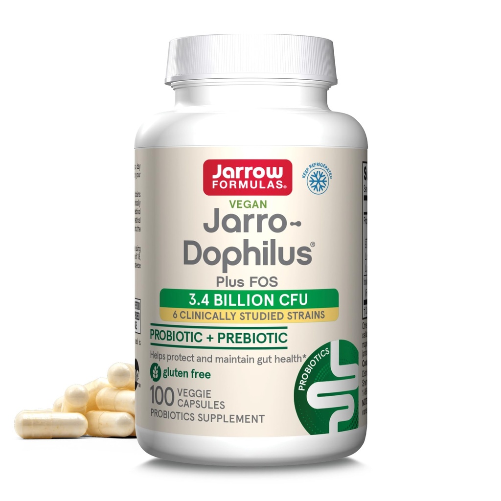 Jarrow Formula Jarro- Dophilus + FOS - 3.4 Milyar Organisme Per Serving - 100 Vevgie Caps - Promiotic & Probiotic - Dukungan Nutrosi untuk Benefy Bakteria - Sampai dengan 100 Servis