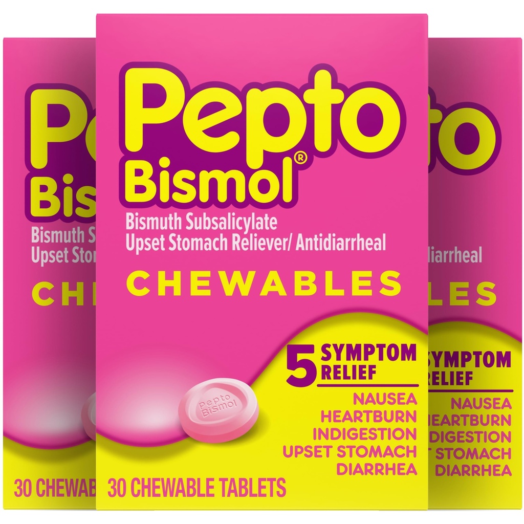 Pepto Bismol Chewable Tablet untuk Nausea, Heartburn, Intervention, Upset Stomach, and Diare Relief, Original Flavor, 90 Total (3 Paket 30)