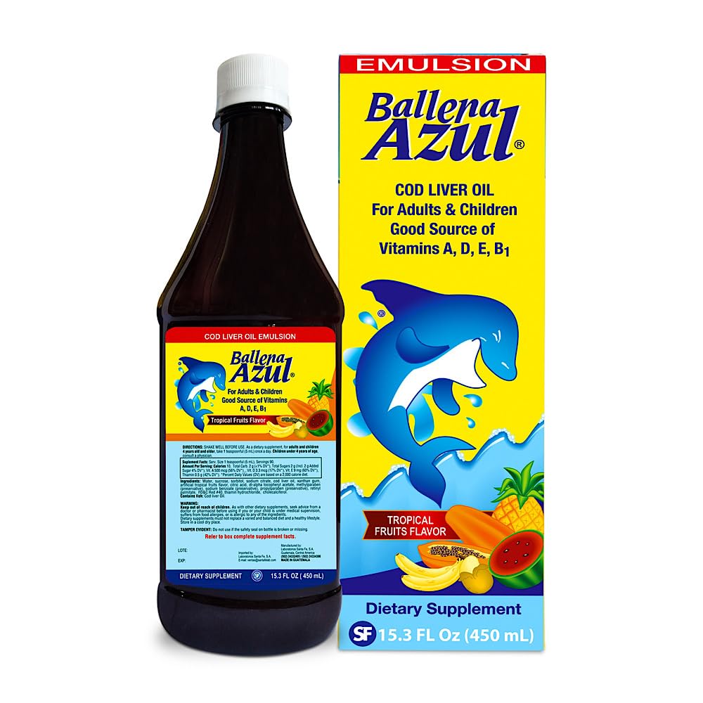 Ballena Azul Aceite de Hígado de Bacalo para Adultos y Niños, COD Liver Oil untuk Dewasa dan Anak-anak, Sumber Baik Vitamin, Tambahan Diet, Omega 3 (Buah Tropical 15 OZ)