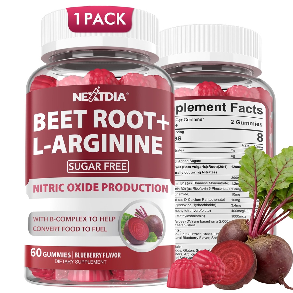 Akar Gummies & L-Arginine, Nitric Oxide Suplemen untuk Pria & Wanita w / Organic Beets, B1, B2, B3, B5, B6, B12 untuk Boost Energi & Sirkulasi Dukungan, Sugar Free, 60 Cts