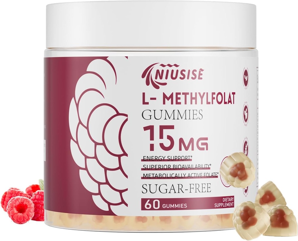 L- Methylfolat 15mg Gummies for Adult, Sugar Free Gummies Help Impprove Energy, Brain Fungsi - Active Folic Acid & Vitamin B12 Supplemen Imune, Non-GMO, Gluten Free