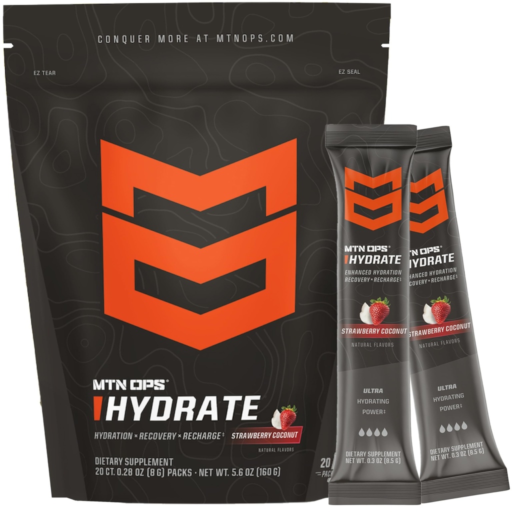 MTN OPS Hydrate Electrolytes Powder Mix, 20 Single Serving On- TheGo Electrolite Packs dengan lebih dari 10.000 mg Elektrolit per Serving, Strawberry Coconut
