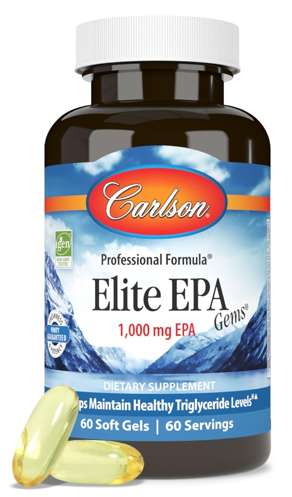 Carlson - Elite EPA Gems, 1000 mg EPA Fish Oil, Wild- Caught, Norish Fish Oil Suplemen, Sustainably Sourinabled, Membantu Mempertahankan Triglyceride Levels sehat, 60 Softgels
