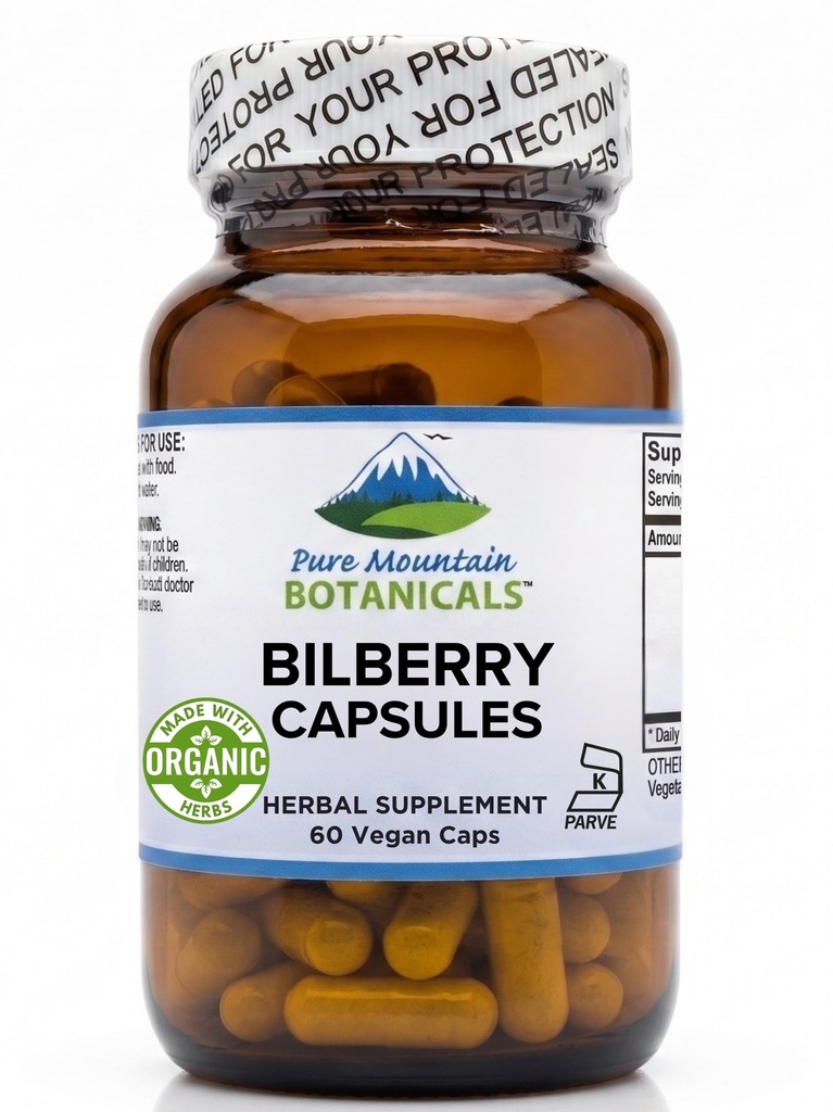 Mutu Gunung Botanicals Bilberry Extract Suplement Vegan Kosher Capsules dengan 250mg Organik Bilberry Leaf & 50mg Splict of Billberry