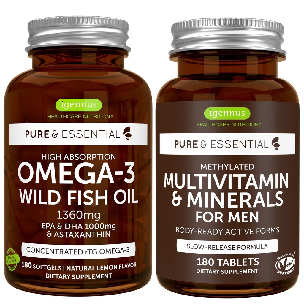 Absorpsi Tinggi Omega- 3 Wild Fish Oil + Methylated Men 's Multivitamin Bundle, 10000mg EPA & DHA 180 Softgels + Substained Rilis Multivitamin 180 Tablet, oleh Igennus