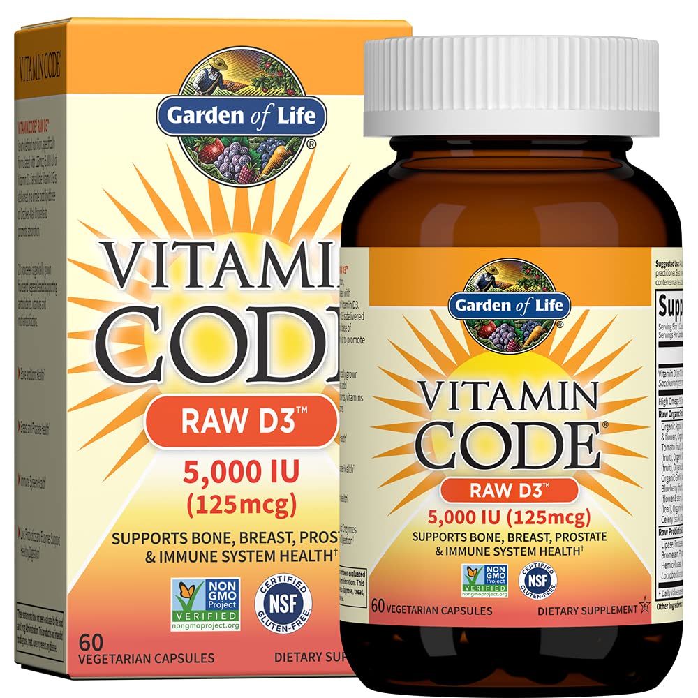Taman Kehidupan Vitamin D3 5000 IU, Raw Whole Food Suplemen dengan Chlorella, Buah, Veggies & Progories for Bone & Imune Health, 60 Vegetarian Capsules