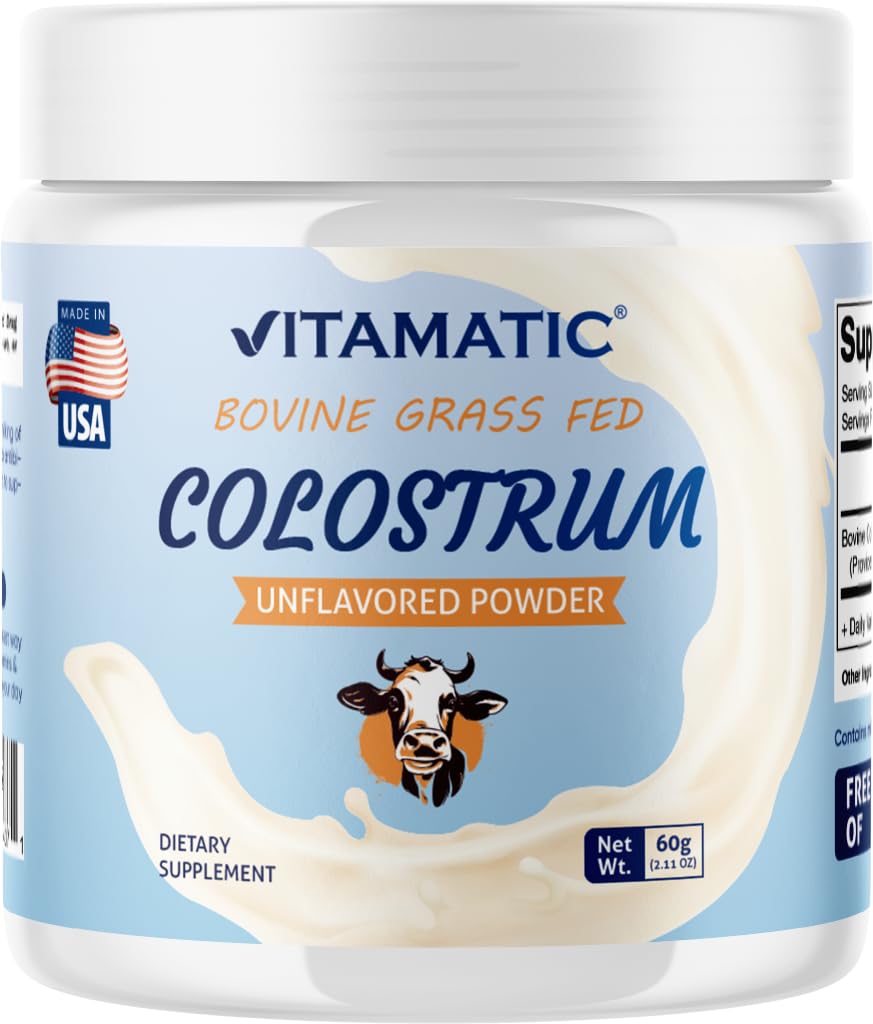 Colostrum Vitamatic Bovine 30% Powder IGG - Tambahan untuk Kesehatan Gut, Pertumbuhan Rambut, Kecantikan, Pemulihan Otot, & Imune Dukungan - Mudah untuk Mix - 60 Gram (30 Pelayan, Tak Bercita)