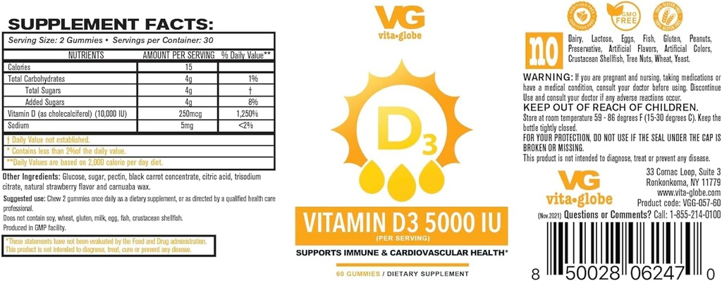 VITA GLOBE Vitamin D3 10.000.000 IU dengan Zinc dan Echinacea Gummy - Mendukung Sistem kekebalan tubuh sehat, Tulang Kuat, Gigi dan Otot, 120 Cacah (2- Pack)