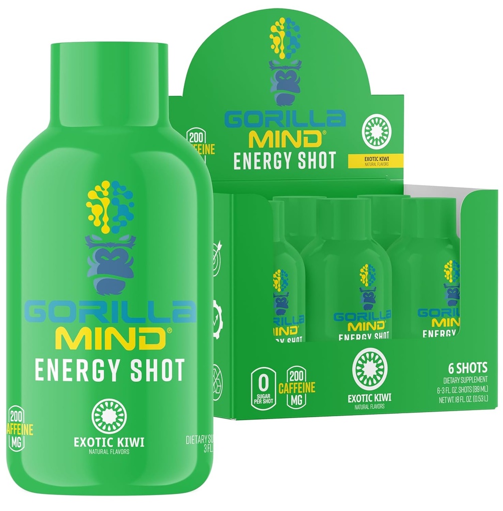 Gorilla Mind Energy Shots (Pack of 6) - Enhanced Focus & Energy, Sugar- Free, Fast-Acting, PowerFormula with Vitamin & Natural Extracts (Exotic Kiwi)