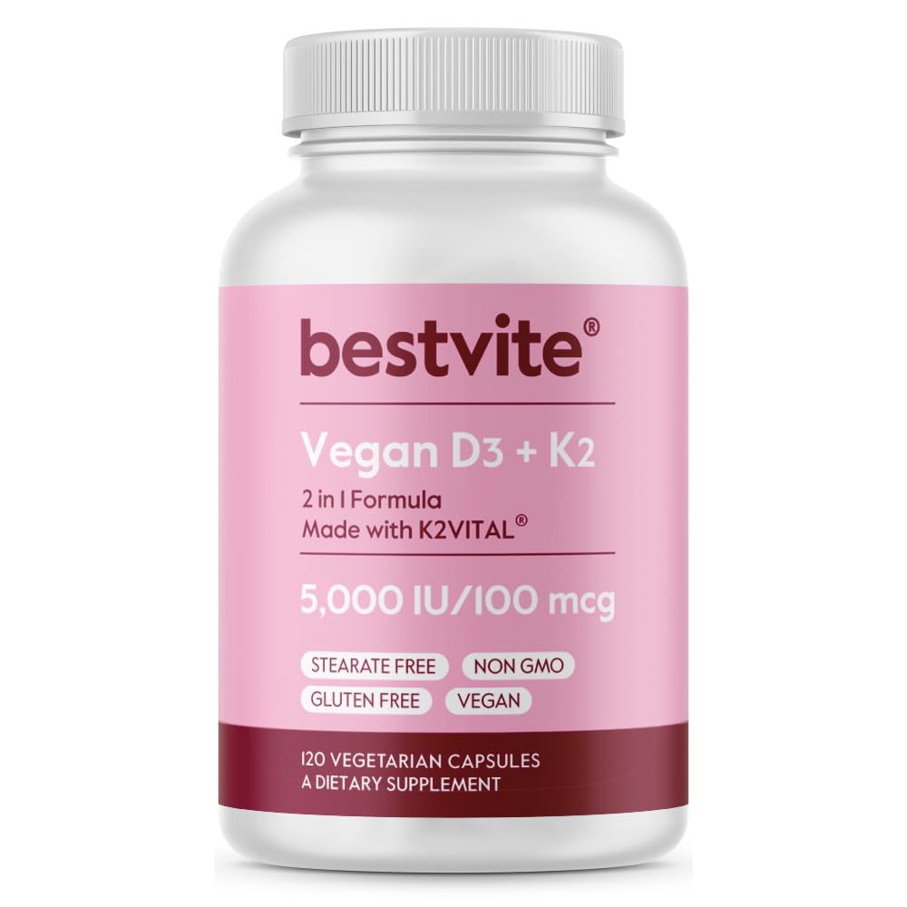 BESTVITE Vegan Vitamin D3 5000 IU + Vitamin K2 100 mcg sebagai MK-7 (120 Vegetarian Capsules) - Tidak ada Steates - Vegan - Non GMO - Gluten Bebas