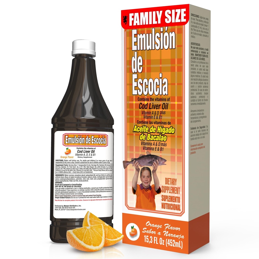 EMULSION DE ESCOCIA Cod Liver Oil, Dietary Suplemen, Vitamin A, B1, D dan E, Imune System Support, Orange Flavor (15.3 Fl Oz / Pack of 1)