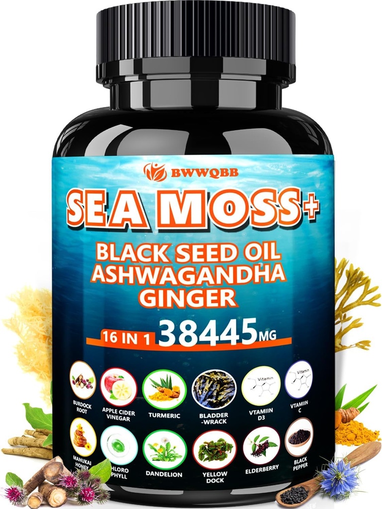 Sea Moss 350mg Black Seed Oil 200mg Ashwagandha 100mg Turmeric 100mg Bladderwrack 100mg Burdock 100mg, All-1 Sea Moss Capsules-60 Count