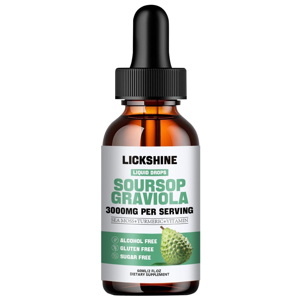 1 Packs 3000MG Soursop Graviola Liquid Drop untuk dukungan sel & Regenerasi, lmmune, Gut, Antioksidant, Mood, Relax, Liver dan Sleep Zzz - Soursop Graviola Leaf Extract, Sea Moss, Turmeric - 2Fl Oz