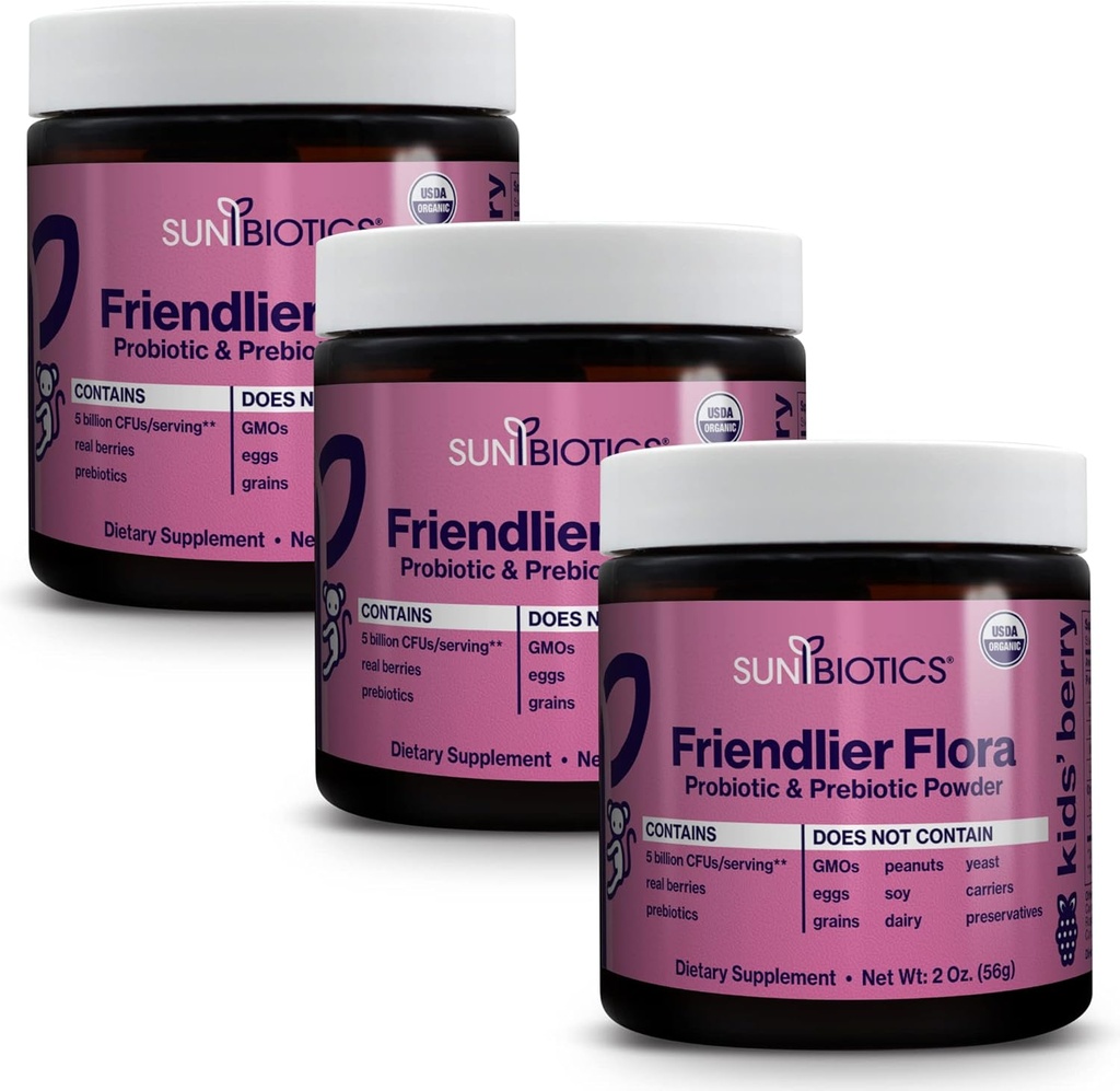 SUNBIOTICS Frighter Flora - Kids Prebiotic and Probiotic Powder Suplement With 5 Billion CFU of 5 Probiotic Strains for Good Gut Flora, Immune System, & balanced Microbiome - Berry, (Paket 3)